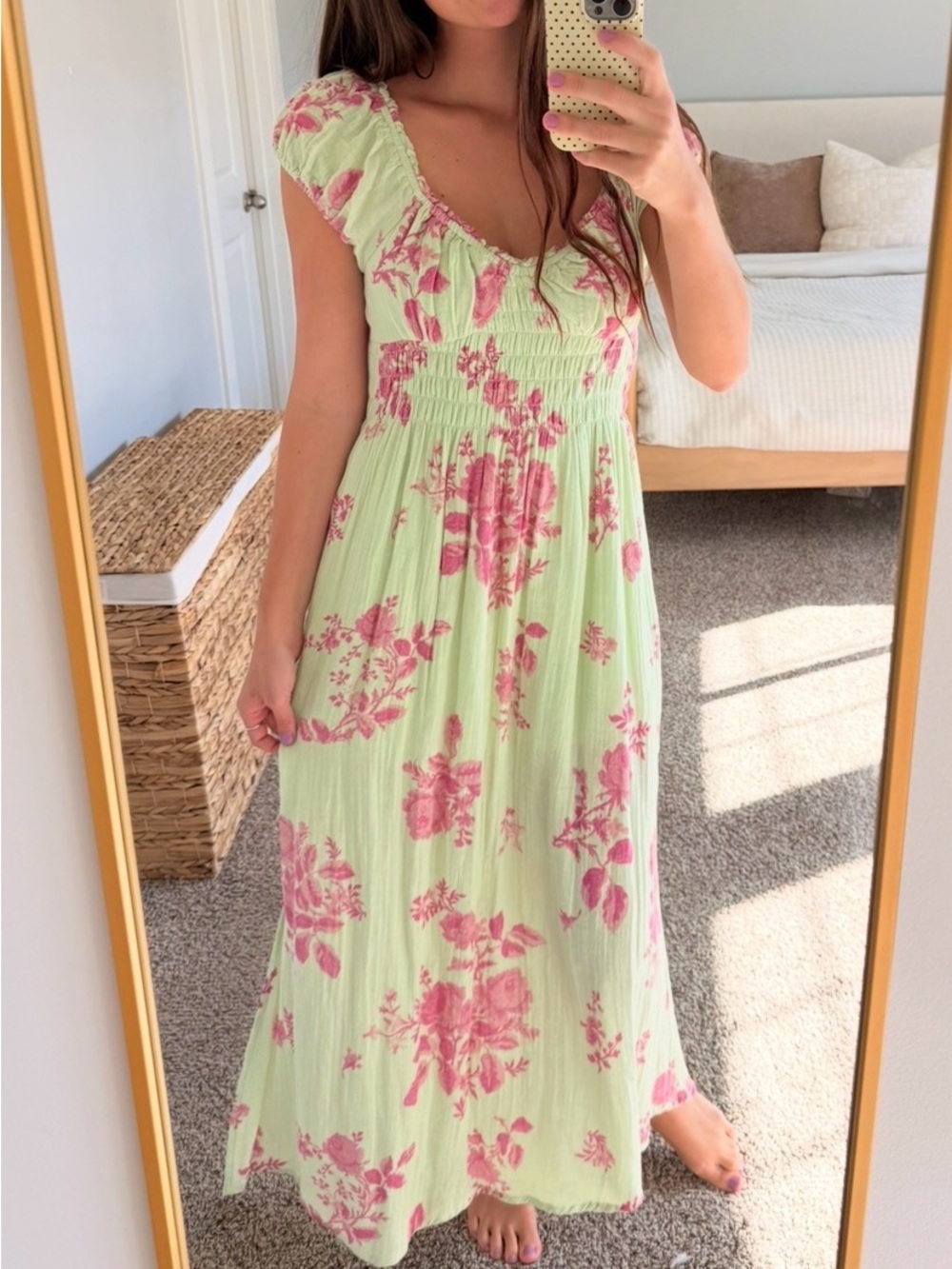 Free People Forget Me Not Floral Maxi Dress in Light Green and Pink